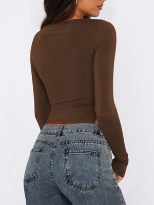 Chocolate long sleeve ruched top with adjustable side tie detail
