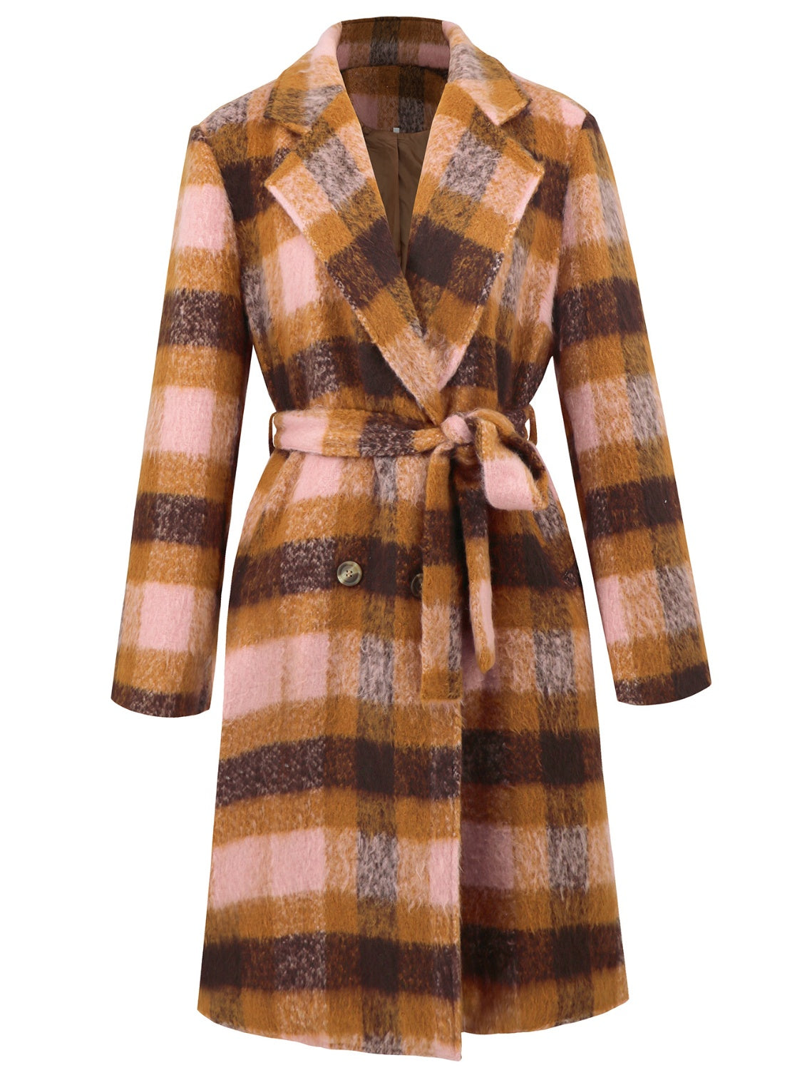 Belted bouclé overcoat with plaid pattern in brown and pink, featuring a tie waist and double-breasted closure.