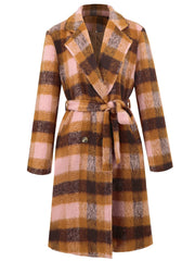 Belted bouclé overcoat with plaid pattern in brown and pink, featuring a tie waist and double-breasted closure.