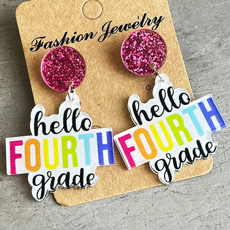 Second Grade Graphic Drop Earrings with pink glitter tops and rainbow text.