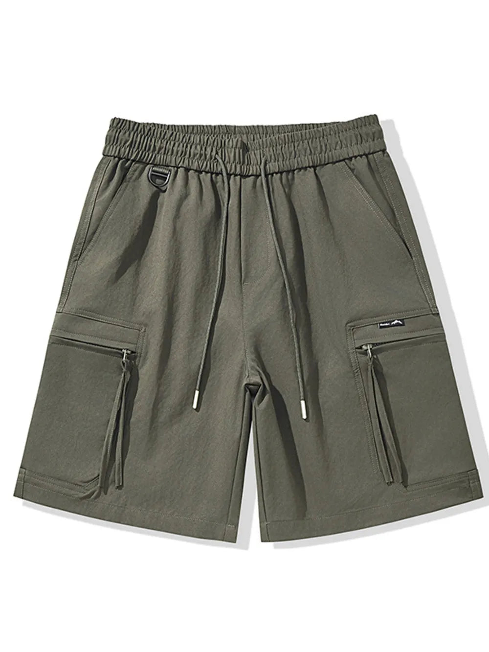 Men's military green cargo shorts with elastic waist, drawstring, and zippered pockets.