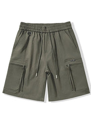 Men's military green cargo shorts with elastic waist, drawstring, and zippered pockets.