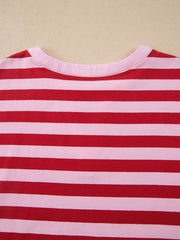 Red and pink striped cotton blend t-shirt with a split V-neckline.