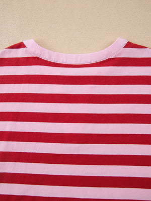 Red and pink striped cotton blend t-shirt with a split V-neckline.