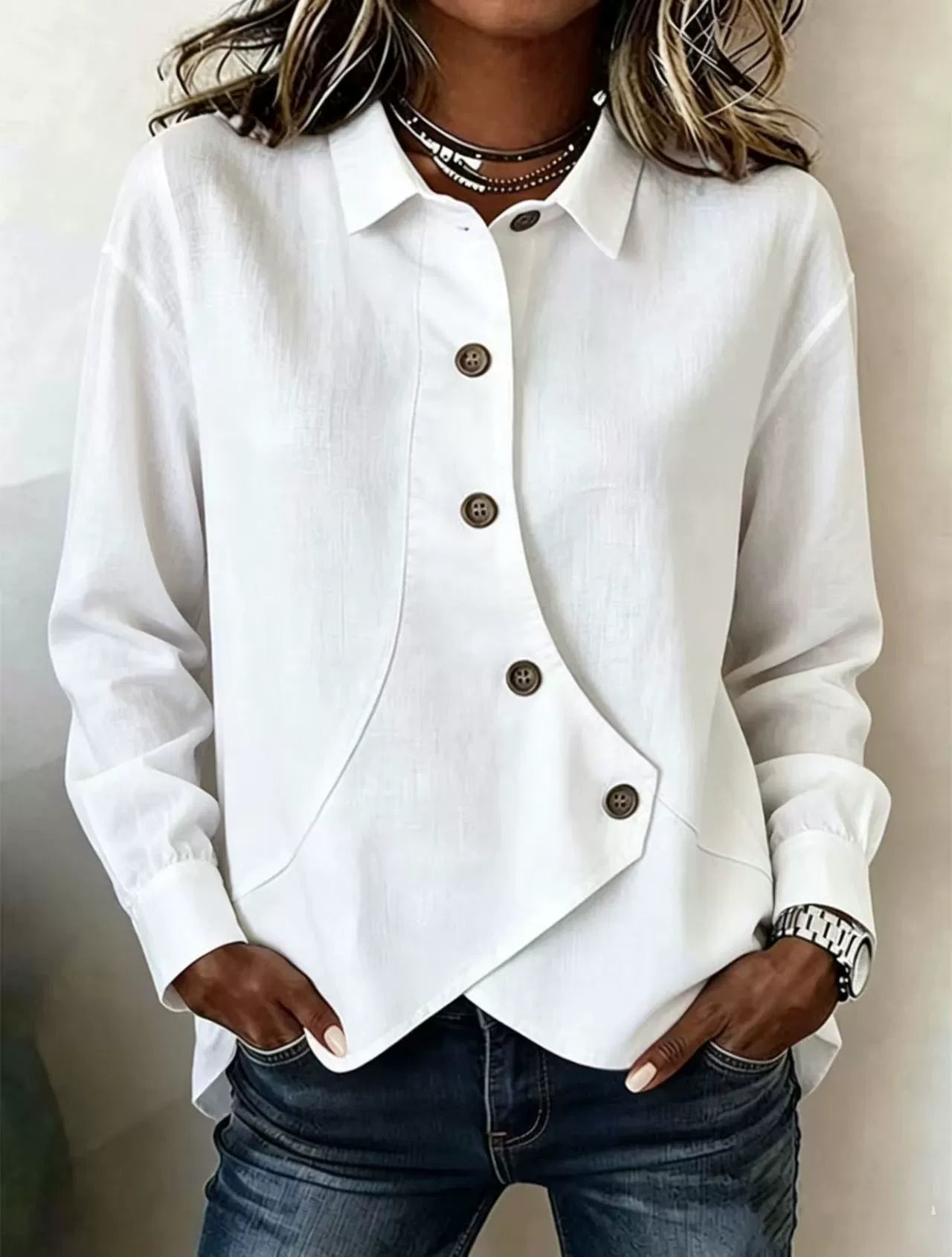 Full Size Asymmetrical Button Down Shirt in White, front view