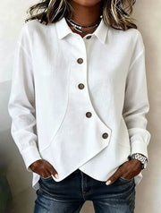 Full Size Asymmetrical Button Down Shirt in White, front view
