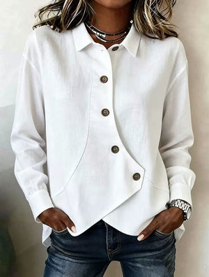 Full Size Asymmetrical Button Down Shirt in White, front view