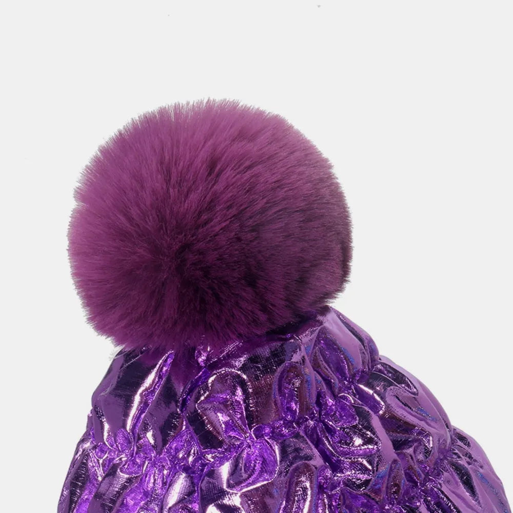Purple metallic padded beanie with faux fur pom