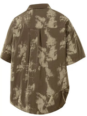 Men's khaki tie-dye print short sleeve casual shirt with buttoned collar.