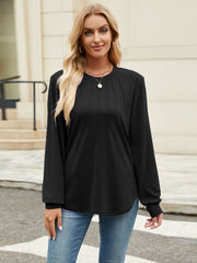 Black crew neck long sleeve top with vertical seam detail