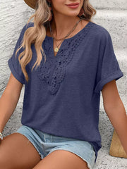 Navy blue relaxed fit t-shirt with lace trim neckline and cuffed short sleeves