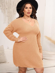 Sculpted knit midi dress in Sherbet with V-neck and long sleeves.
