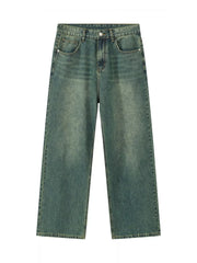 Men's gradient wash wide-leg jeans in dark green cotton with a relaxed fit.