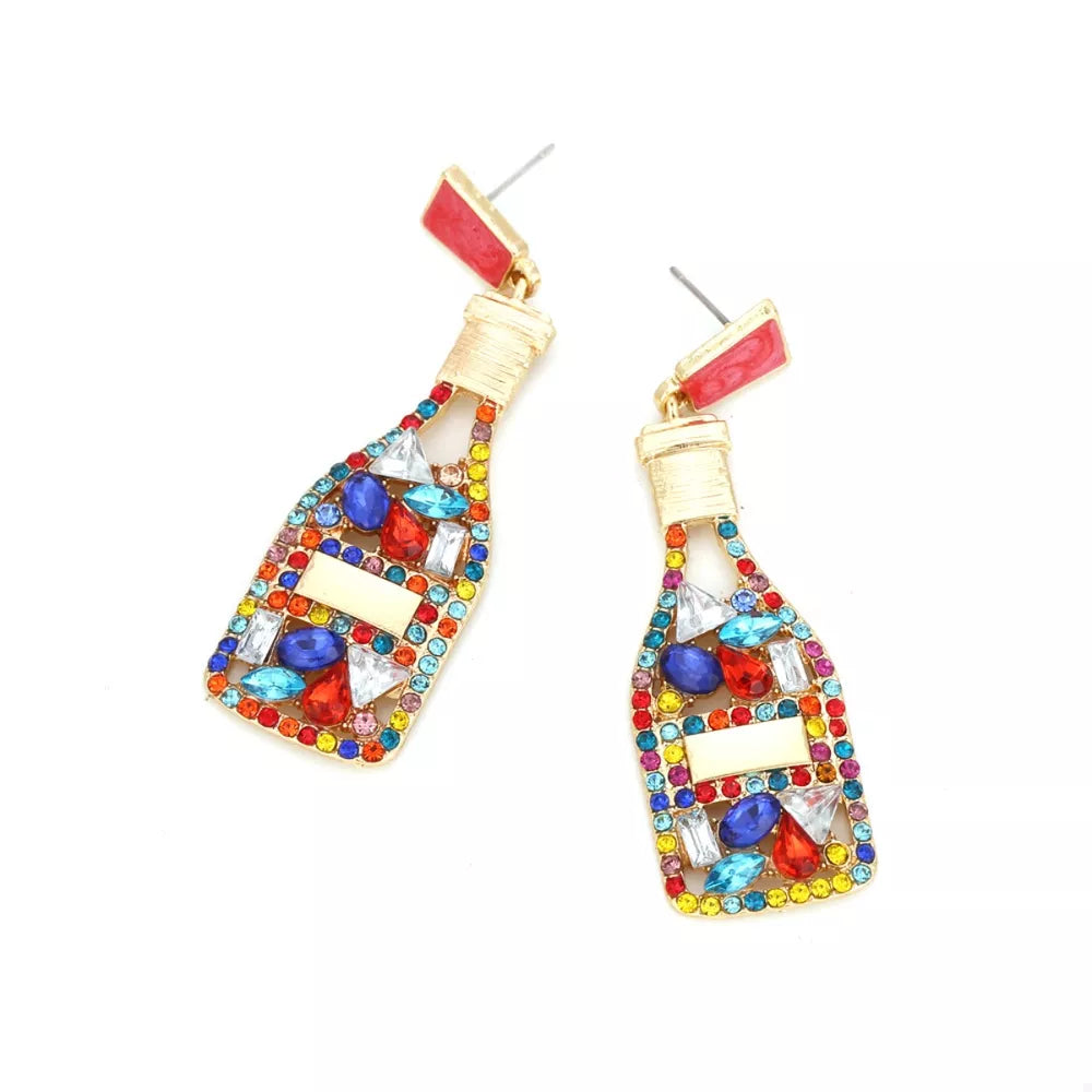 Color mixing champagne bottle drop earrings with colorful rhinestones and red accents.
