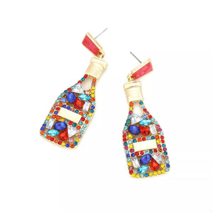 Color mixing champagne bottle drop earrings with colorful rhinestones and red accents.