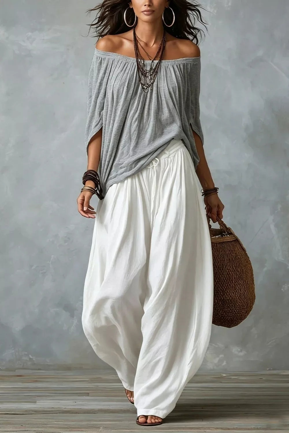 Off-shoulder Top And Wide-leg Pants Set Plus Size in Gray, alternate angle