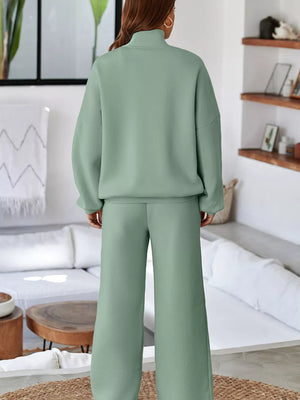 Sage cotton zip-up jacket and wide-leg drawstring pants set.