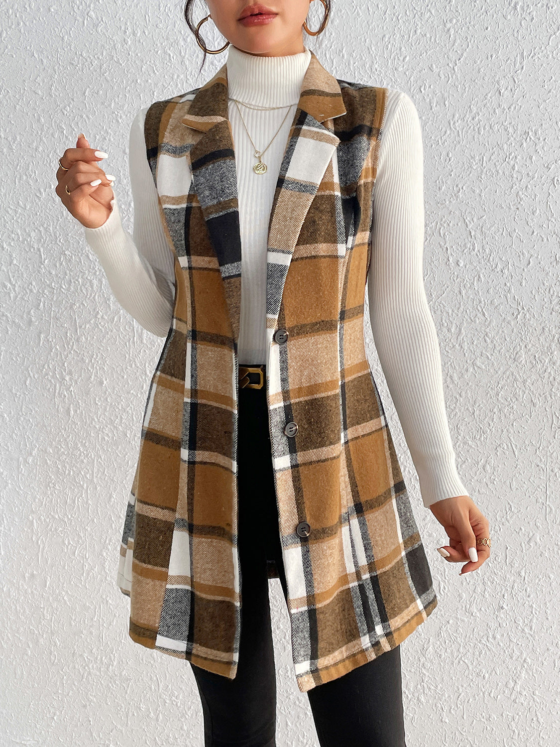 Camel plaid blazer vest with tailored silhouette and button front detail.