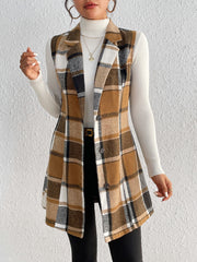Camel plaid blazer vest with tailored silhouette and button front detail.