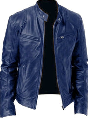 Men's Full Size Leather Biker Jacket in Blue, fabric detail