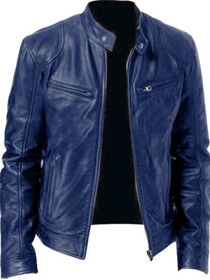Men's Full Size Leather Biker Jacket in Blue, fabric detail
