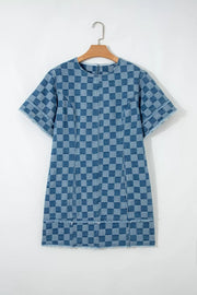 Denim checkered mini dress with frayed hems and short sleeves.