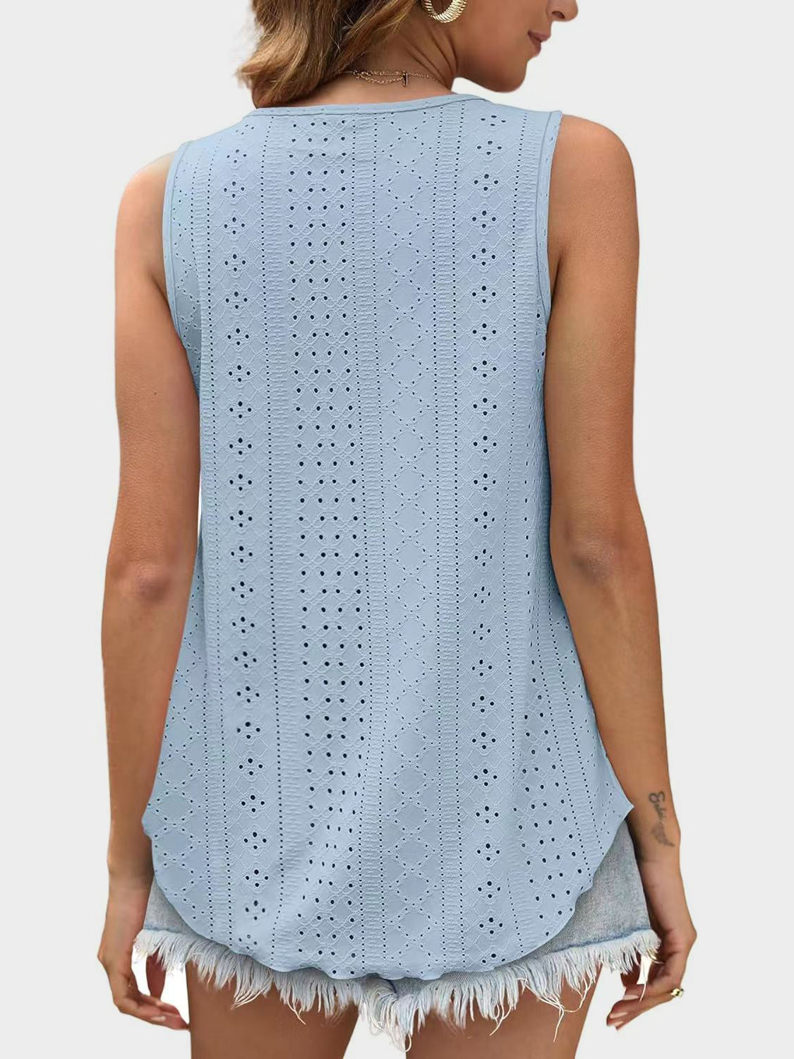 Light Blue eyelet scoop-neck trapeze tank top with a breathable, casual cut.