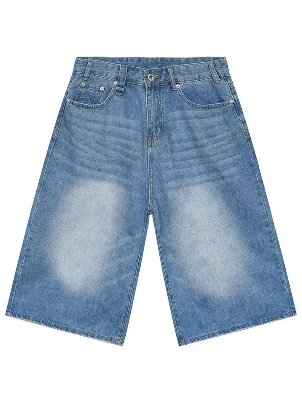 Light blue denim culottes with a wide leg and distressed detailing.