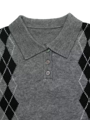 Argyle Patterned Polo Collar Sweater in Dark Gray, alternate angle