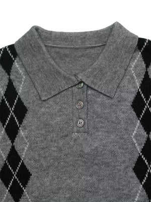 Argyle Patterned Polo Collar Sweater in Dark Gray, alternate angle