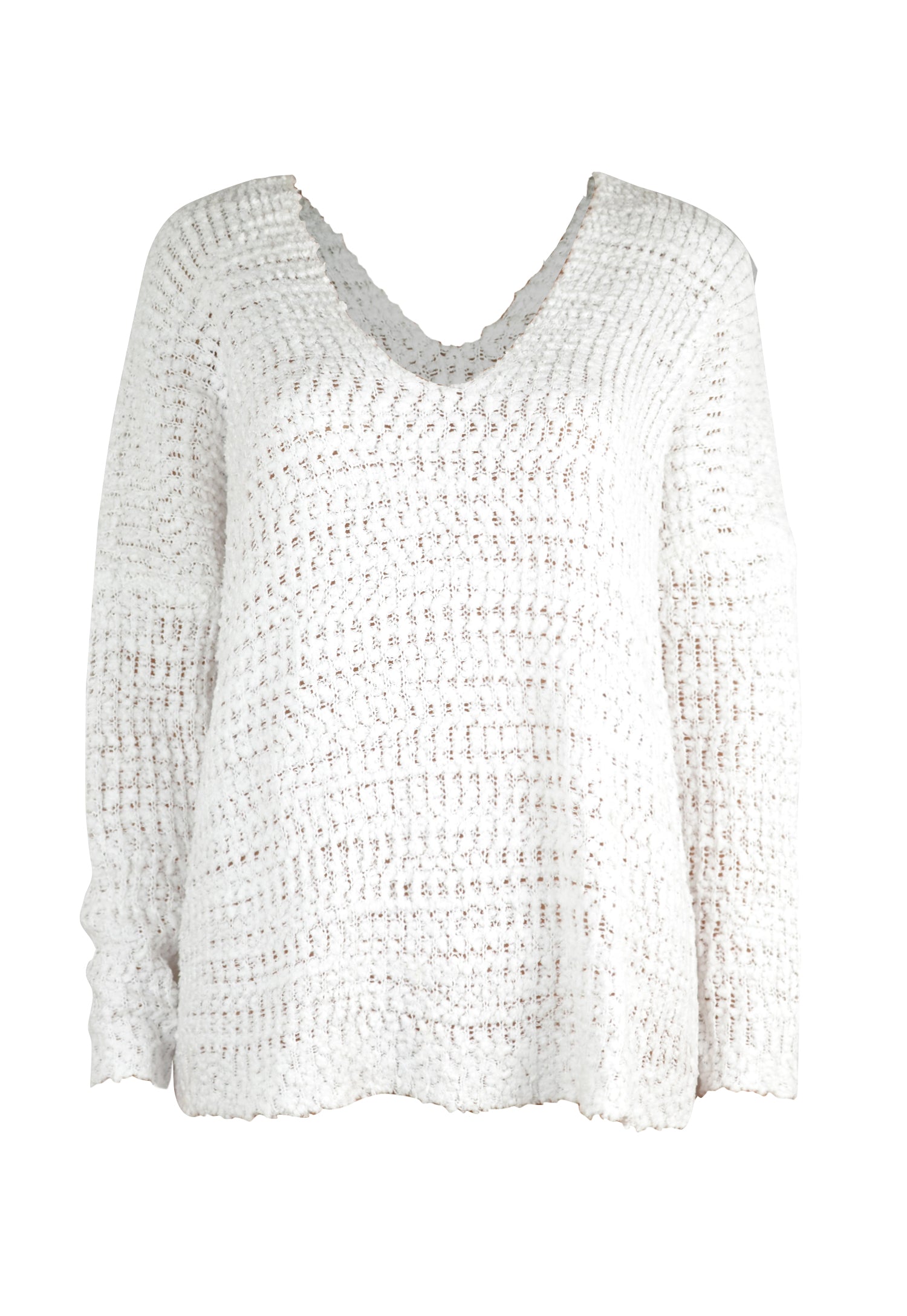 White acrylic slouch knit sweater with open shoulder detail and textured pattern.
