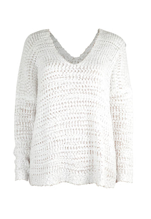 White acrylic slouch knit sweater with open shoulder detail and textured pattern.