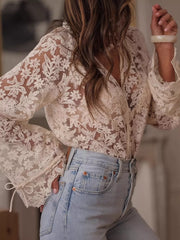 Lace Sheer Button Up Shirt in Cream White, front view