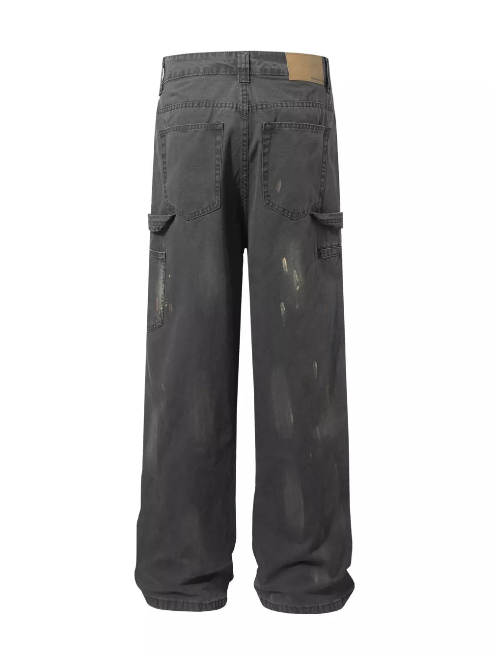 Distressed charcoal wide-leg sweatpants with paint splatter detail and utility pockets.