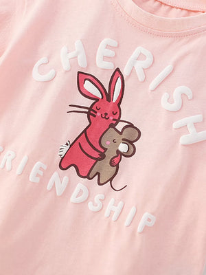 Blush pink cotton blend graphic tee with Cherish Friendship text and bunny and mouse graphic.