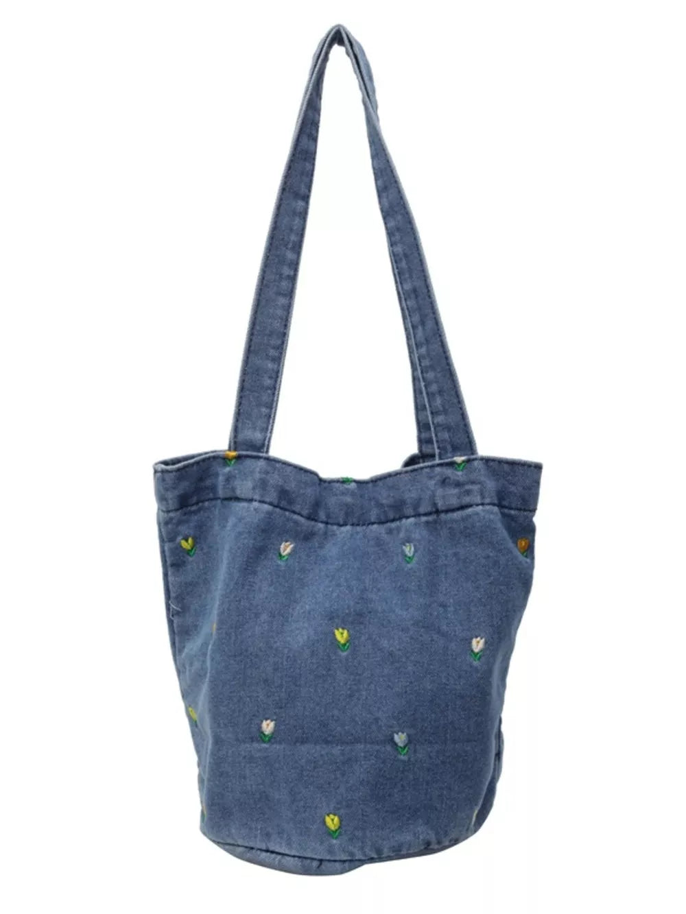 Denim tote bag with whimsical floral embroidery and dual shoulder straps.