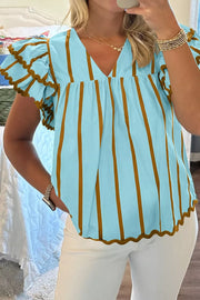 Light blue cotton blend blouse with brown stripes, V-neck, and ruffled tiered sleeves.