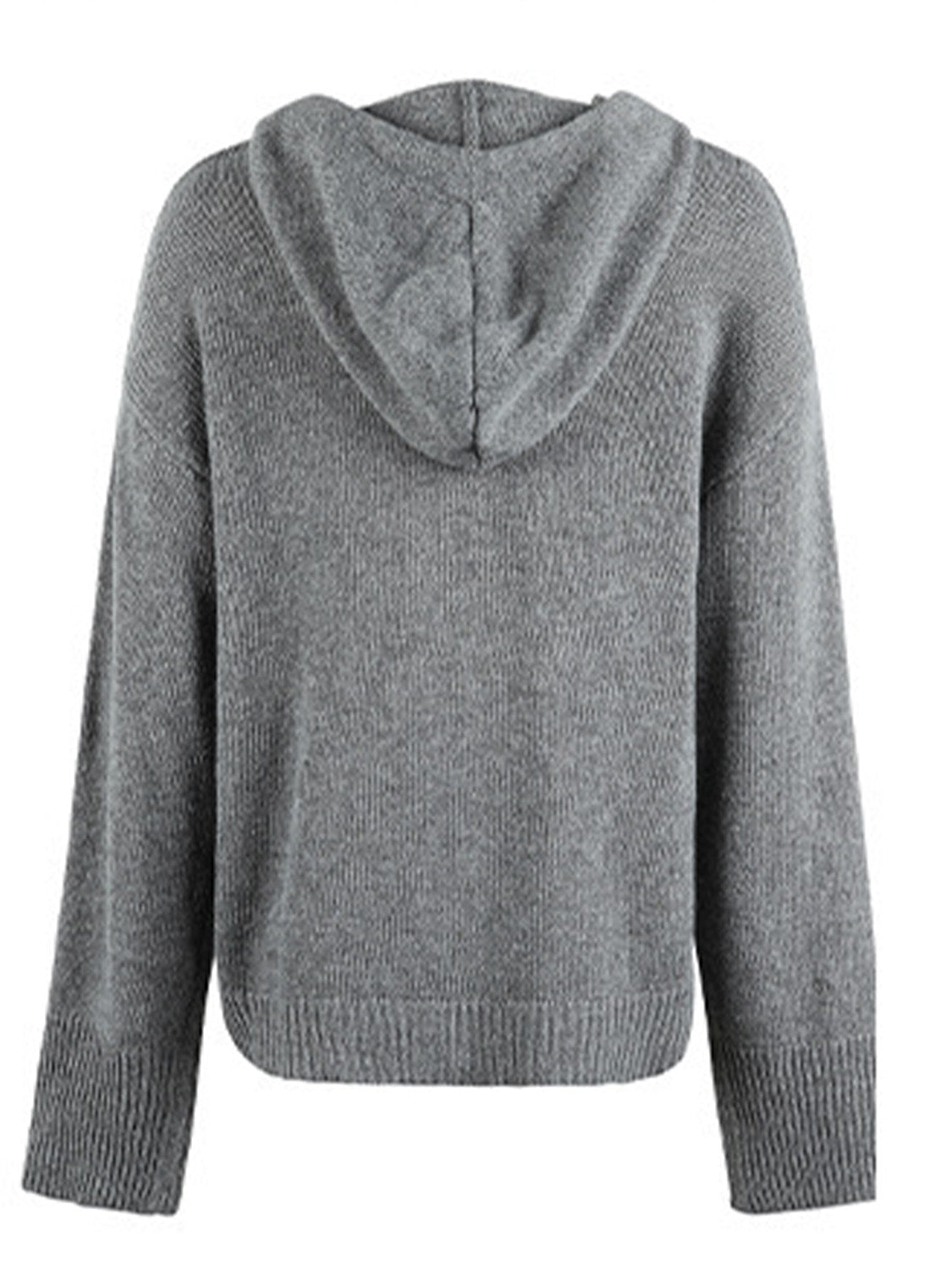 Relaxed knit hooded button-down cardigan in dark gray with ribbed cuffs and hem.