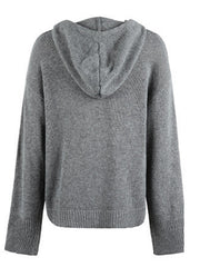 Relaxed knit hooded button-down cardigan in dark gray with ribbed cuffs and hem.