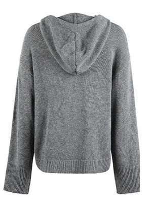 Relaxed knit hooded button-down cardigan in dark gray with ribbed cuffs and hem.