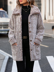 Taupe teddy bear textured button-down coat with collar and pockets.