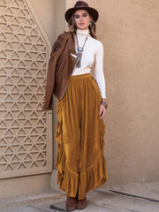 Velvet ruffle slit palazzo pants in caramel with a wide leg and ruffled hem.