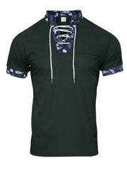 Men's dark green t-shirt with lace-up collar and paisley print cuffs.