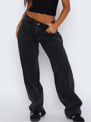 Dark gray wide-leg denim jeans with contrast stitching and button fly.