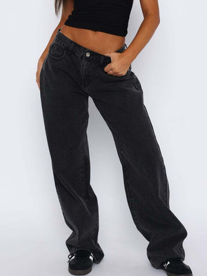 Dark gray wide-leg denim jeans with contrast stitching and button fly.