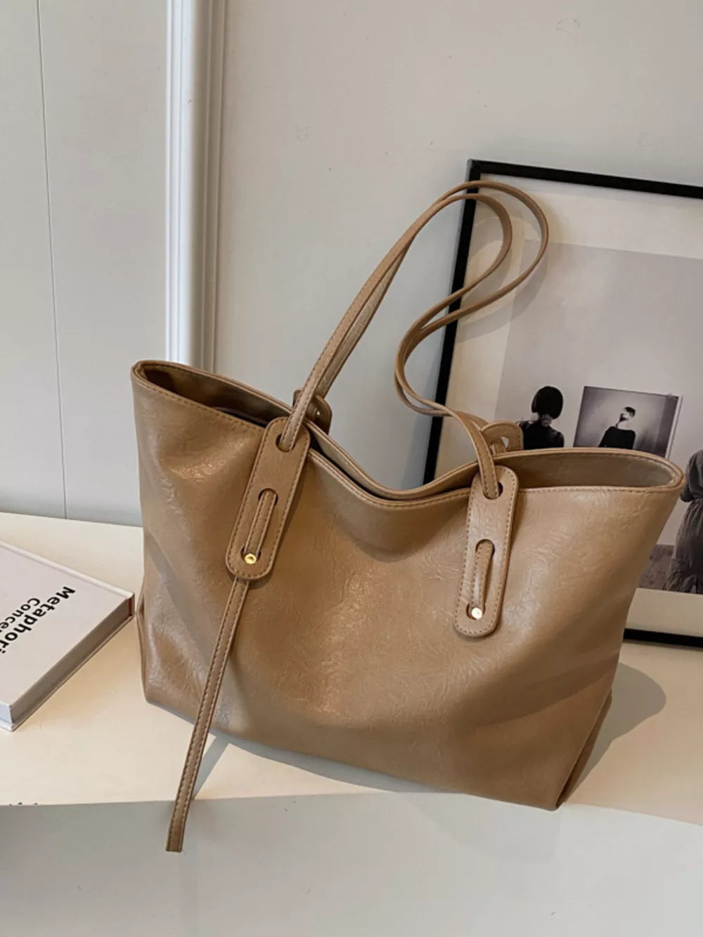 Khaki pu leather shoulder bag with double straps and gold hardware detail.