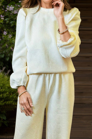 Textured puff sleeve lounge set in hot pink, black, or ivory.