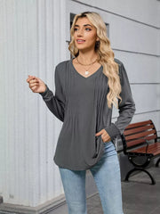 Dark gray V-neck long sleeve maternity t-shirt with pleated detail and relaxed fit.