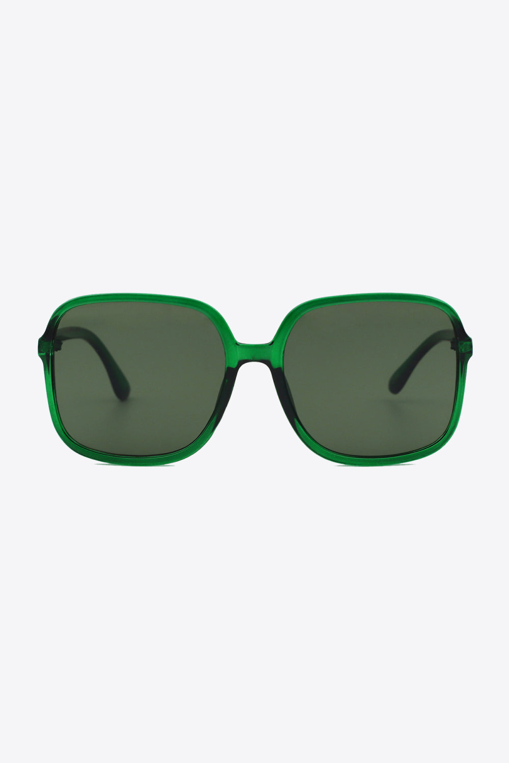 Green retro square frame sunglasses with dark lenses