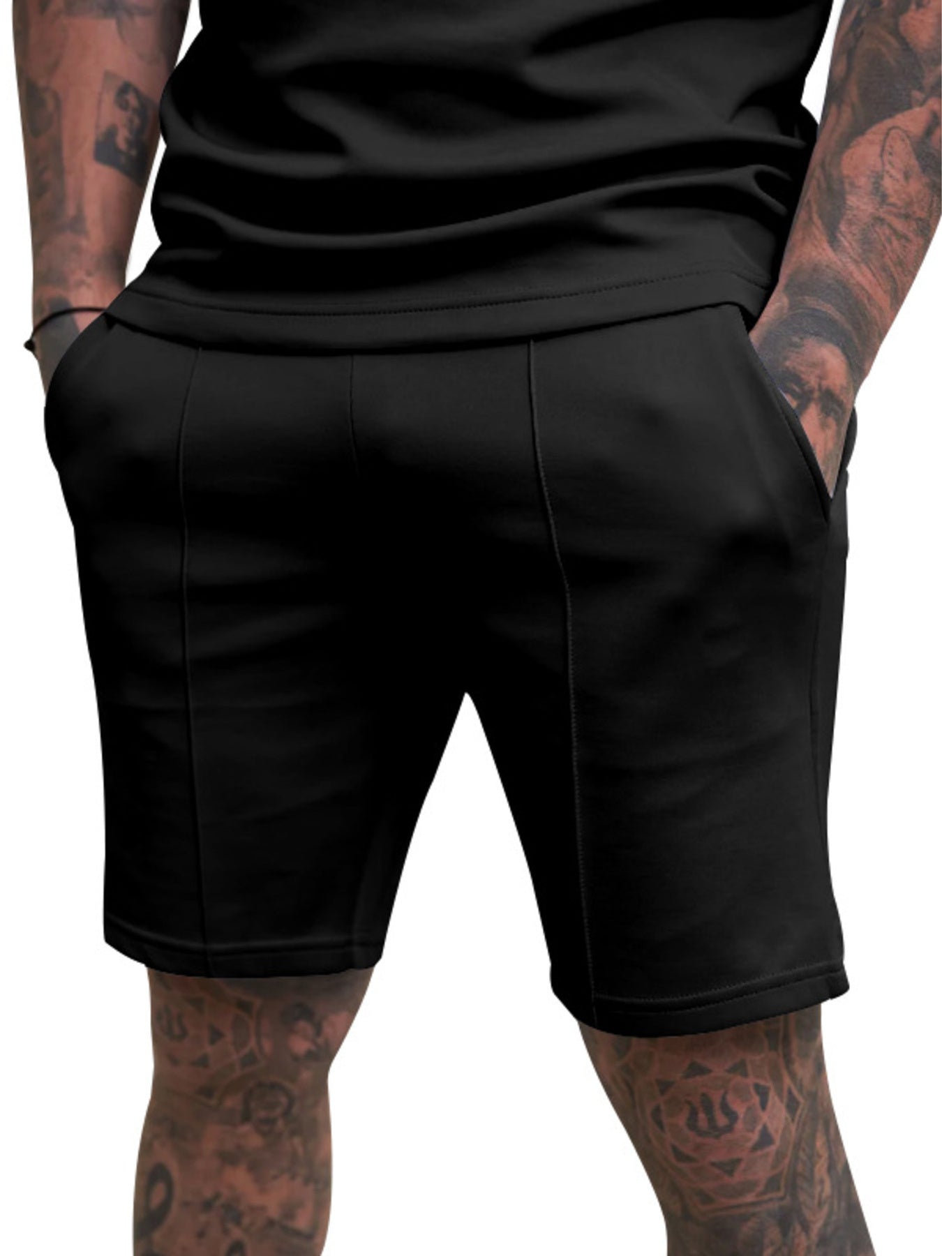 Black chino shorts with drawstring and front seam detail.